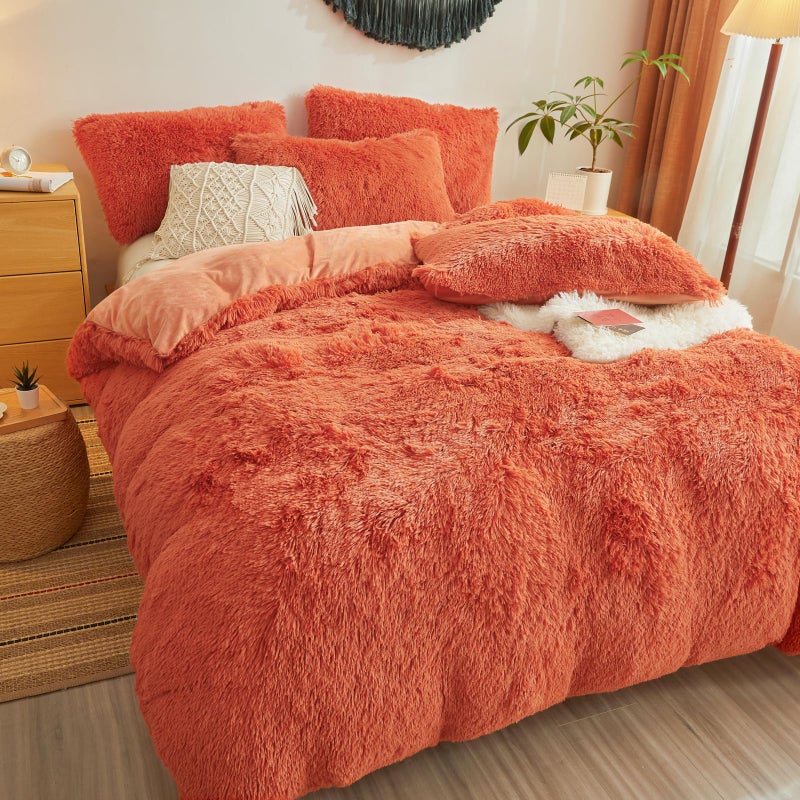 Besfunny Furry Fluffy Terracotta Comforter Cover Queen Set - Faux Fur Furry Terracotta Bedding 3-Piece Set (1 Duvet Cover + 2 Furry Pillow Shams) Cozy Bed Set - Image 3